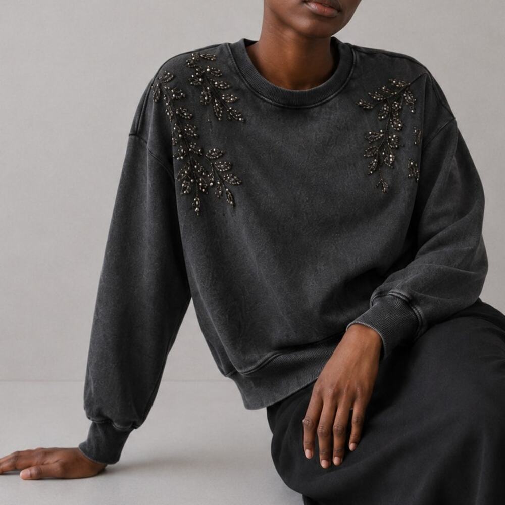 Johnny Was French Terry Beaded Sweatshirt Womens S Charcoal Heather Crewneck